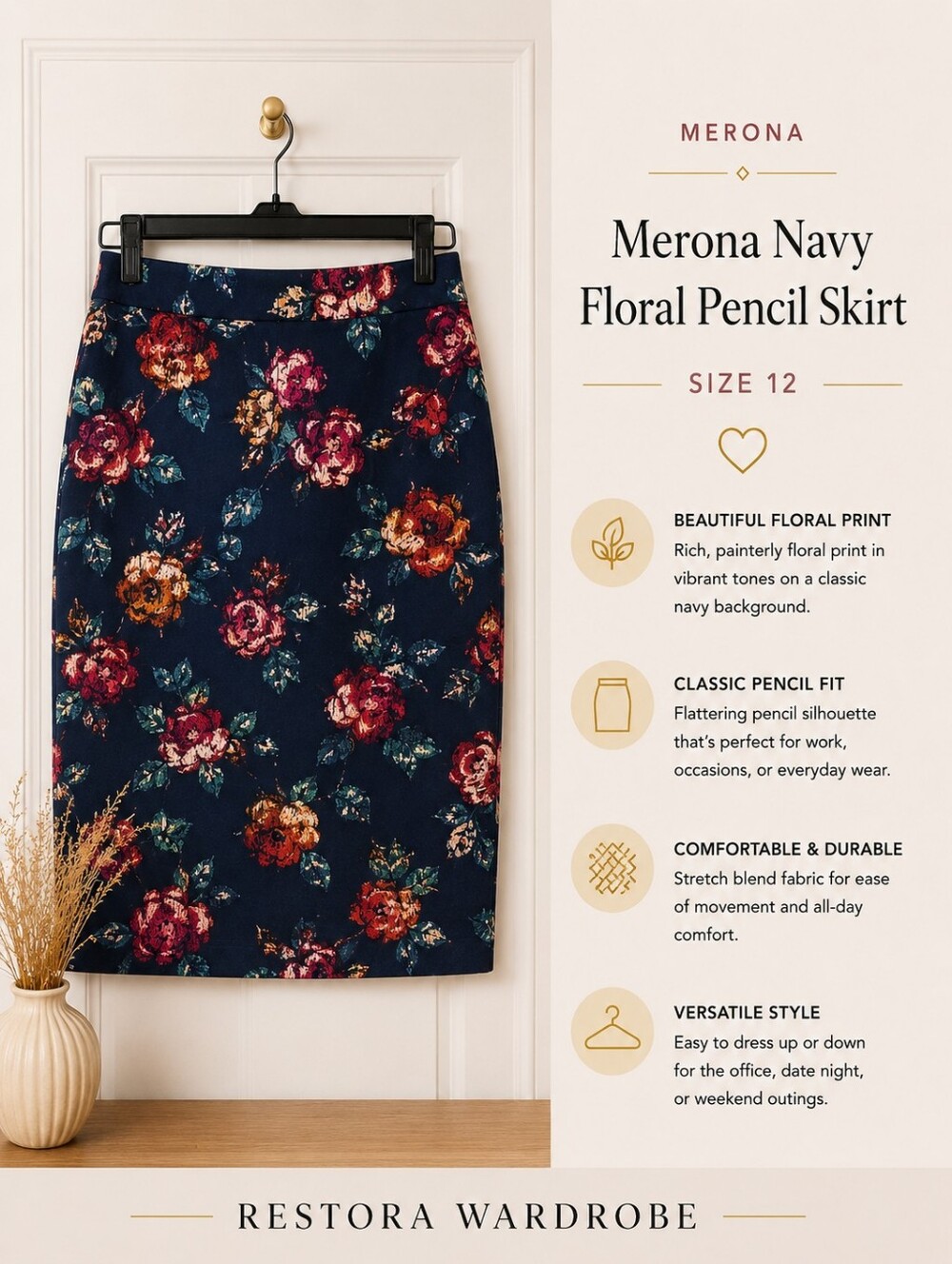 Merona Office Siren Navy Dark Floral Pencil Skirt Size 12